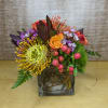 Fun and unique flowers and textures presented in a clear vase.
Approx 12-15