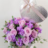 Small(8&quot; width) heart box filled with lavender roses, lavender stock, and eucalyptus
