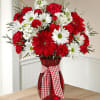 This arrangement of White Stock, red mini Carnations, red Carnations red Gerbera