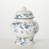 This ginger jar features blue floral artwork on a stylish ceramic jar.