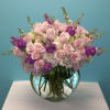 Clear bubble vase full of roses, stock &amp; hydrangeas 