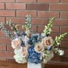 Send a fresh arrangement of blue and white hydrangeas, blue fresh tulips