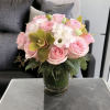 Flower : Pink roses, pink Lisianthus, green cymbidium, eucalyptus 
Vase : 5&rdquo;