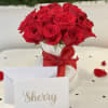 Large bloomed premium red roses presented in an iridescent vase, and tied