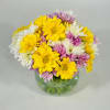 Bubble bowl of lavender, white and yellow daisies. Perfect arrangement for any