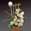 Minimalist beauty abounds in this unique mix of orchids, gladioli and leucadendron.