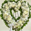 all white heart, white mums, white roses, white carnations, white lilies, white