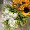 10 White Tulpis and 5 Sunflowers. Wrapped Champagne Paper.