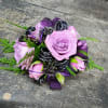 Lavender Spray Roses, Dark Purple Trechillium, Black Ribbon and silver accents elevate