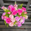 a mix of pink roses, and Pink garden roses, Purple spray roses