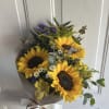 3 Sunflowers in a Wrapped Bouquet with Yellow Alstroemeria, Eucalyptus, Purple Statice