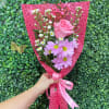 Pink Rose wrapped in a small bouquet with lavender daisies, white monte