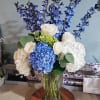 Large Display of Blue and White Hydrangea, White Rose, blue delphinium&nbsp;and eucaluptus