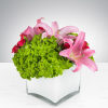 This colorful, spring bouquet contains lilies, spray roses, and hydrangea. It is