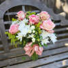 A pink rose and white daisy arrangement, featuring white daisy, white alstroemaria
