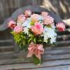 A pink rose and white daisy arrangement, featuring white daisy, white alstroemaria