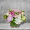 Pink or white peonies, lavender and white roses, hydrangea and green hypericum