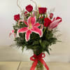 Red Roses with Starfighter lilies 