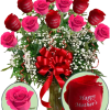 12 Roses Arranged in a Vase with greens, filler, and bow.
(6 Red