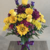 Brightful bouquet of yellow roses, sunflowers, lavender dianthus, mix of mums with