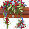 A patriotic casket spray, standing spray, and urn.

The "Honor Trio" sympathy set