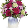 This charming bouquet features hot pink roses, green carnations, miniature pink carnations