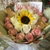 Pink and white roses. Sunflower to brighten