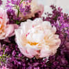 The beautiful arrangement features blush color peonies and purple lilacs gathered together