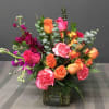 Hot Pink, Orange, and Purple Stock, Roses, Carnations and Eucalyptus in Cube
