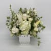 A beautiful sympathy arrangement in our silver cube vase consisting of an