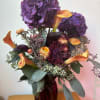 Deep purple Hydrangea paired with Sage and multicolored Calla Lillies 
