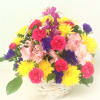 This white handled basket is filled with brightly colored flowers that will