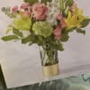 Pink mini carnations, white stock, green hydrangeas blooms, pink 50 cm Roses