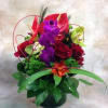 Cylinder with a vibrant mix of tropicals, including dendrobium and cymbidium orchids