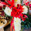 Regular size white cross with Red filler flowers crossing
Includes Roses, carnations, Daisies