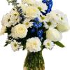 A beautiful white arrangement with accents of blue to help highlight the