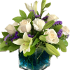White rose and white lily arranged in a cube vase 