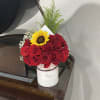 red roses and a sunflower