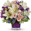 Stunning arrangement of white hydrangea, light pink spray roses, white asiatic lilies