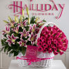 Stargazer Lilies and Hot Pink Roses