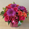 Purple gerberas, hot pink roses, hot pink carnations, orange roses, orange mini