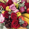 Basket of Flowers and fruit basket, with 30 red and purple roses