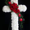 30 inch standing cross of white carnations and red roses
