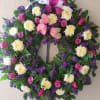Wreath has Roses and other Elegant flowers
approx. 5-6 ft. on Stick/ standing