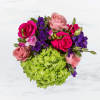 This arrangement includes hot pink roses, pink roses, green hydrangea, freesia, lisianthus