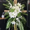 Bamboo cross Sympathy Spray with white and green flowers