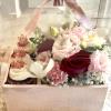 Flowers and treats tote, beautiful flowers, roses and orchids with accent flowers
