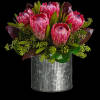 Pink mink proteas are arranged with seeded eucalyptus, plus galax and ti