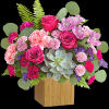 This magnificent modern flower arrangement with fabulous pink and purple blooms is