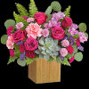 This magnificent modern flower arrangement with fabulous pink and purple blooms is